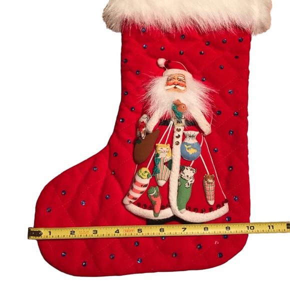 Vintage Quilted Sequin Santa Animals Pets Christmas Stocking Fur Cuff 18" Kitsch - Picture 11 of 14